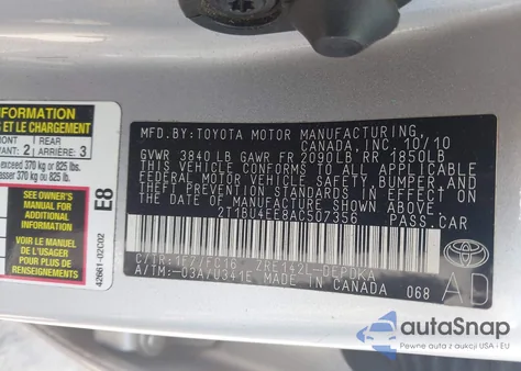 2010 Toyota Corolla Le z USA, uszkodzony, nr VIN 2T1BU4EE8AC507356